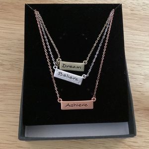 Dream, Believe, Achieve,3 Layer Silver, Rose Gold, Gold-tone Necklace New in Box